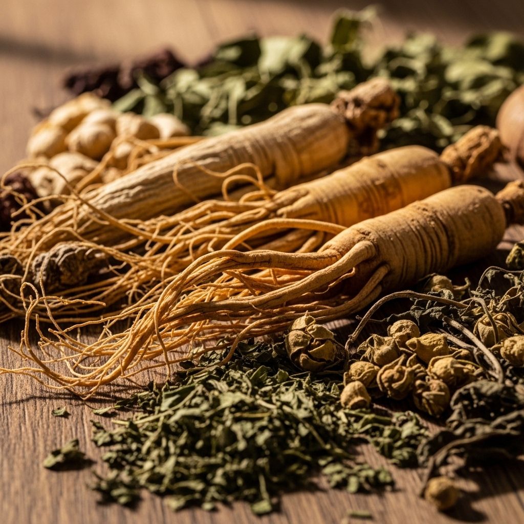 Dried roots and botanical herbs including ginseng and ashwagandha root laid on a rustic wooden surface with warm natural ambient lighting