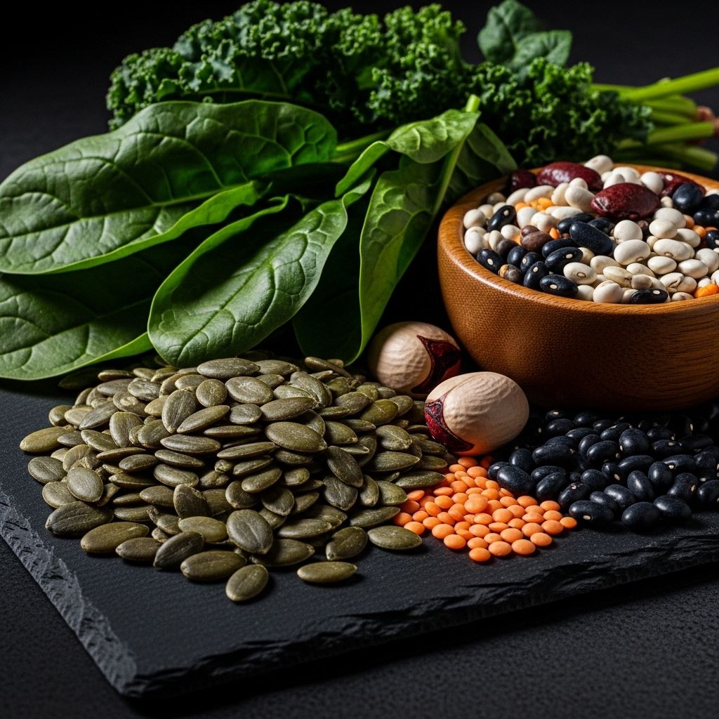 Assorted mineral-rich foods including pumpkin seeds dark leafy greens and legumes arranged on a dark slate surface with dramatic side lighting