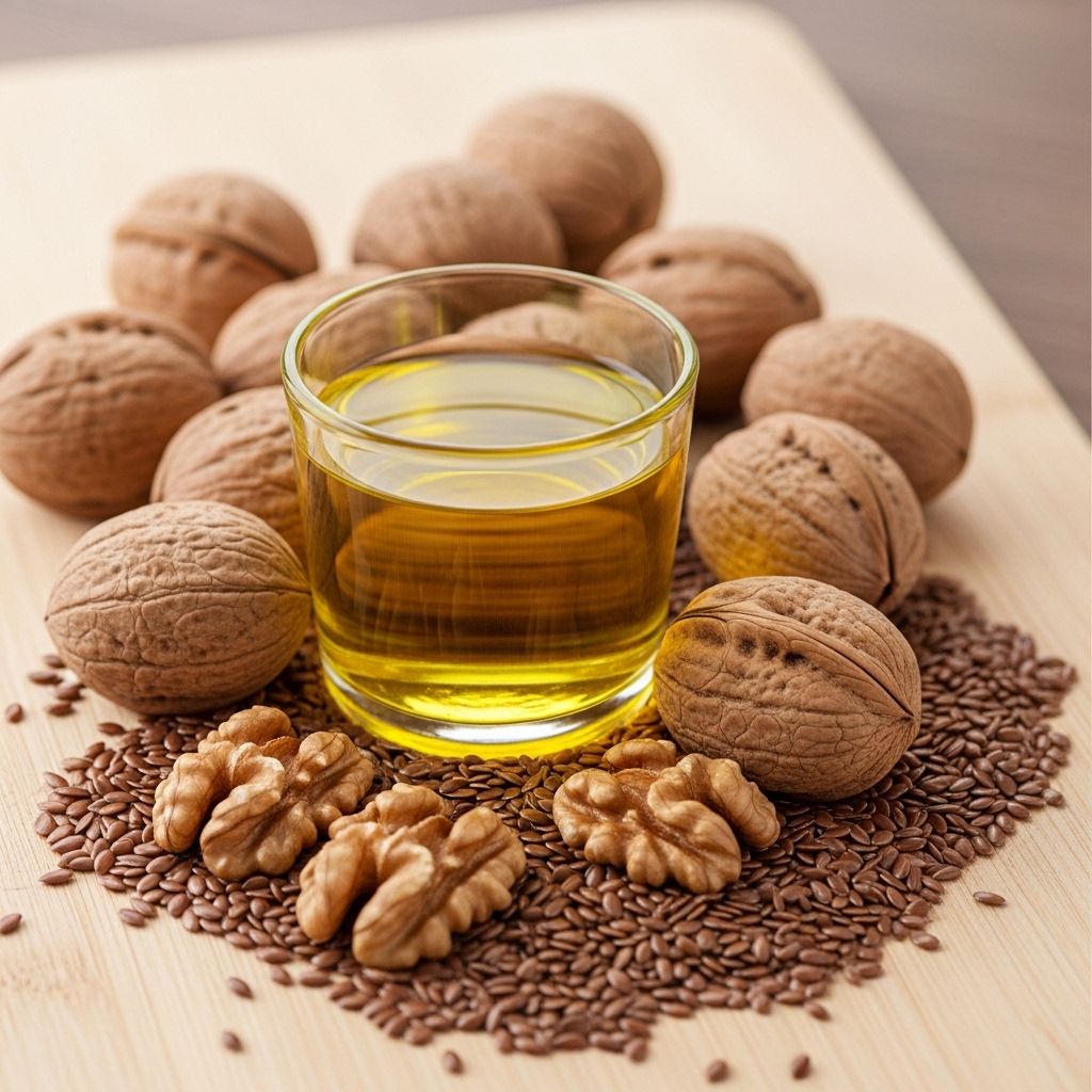 Whole walnuts and flaxseeds with a small glass of linseed oil on a light wooden board symbolising plant-based omega-3 fatty acid sources