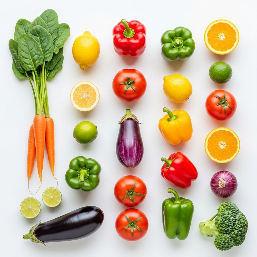 Flat lay of fresh colourful vegetables and fruits including carrots spinach and citrus arranged on a white surface representing daily nutritional variety