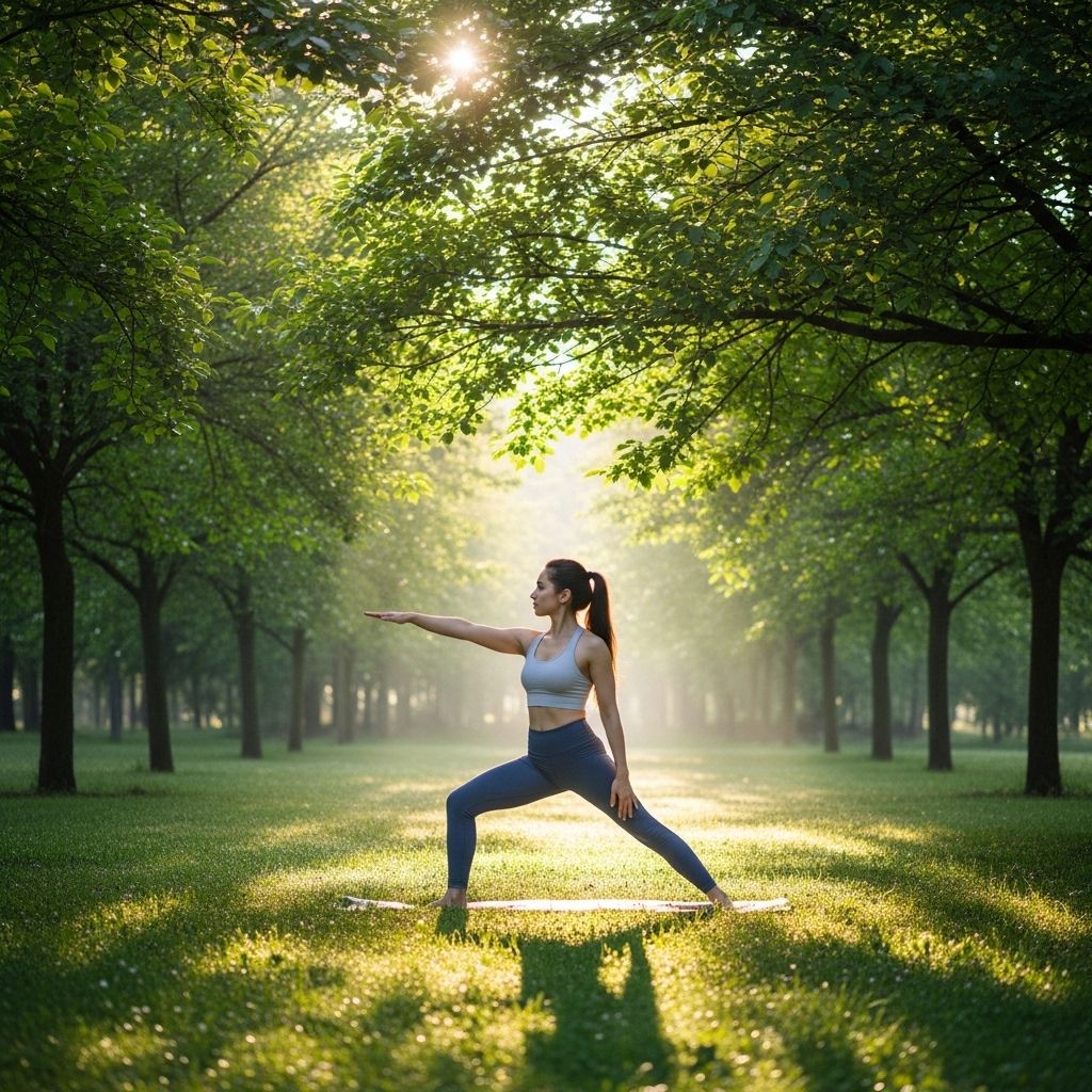 Person practicing morning yoga outdoors in a peaceful park surrounded by green trees and soft morning light