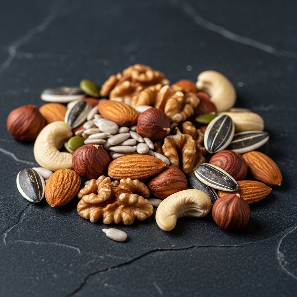 Selection of mixed nuts and seeds including almonds walnuts cashews sunflower seeds and hazelnuts arranged on a dark stone surface